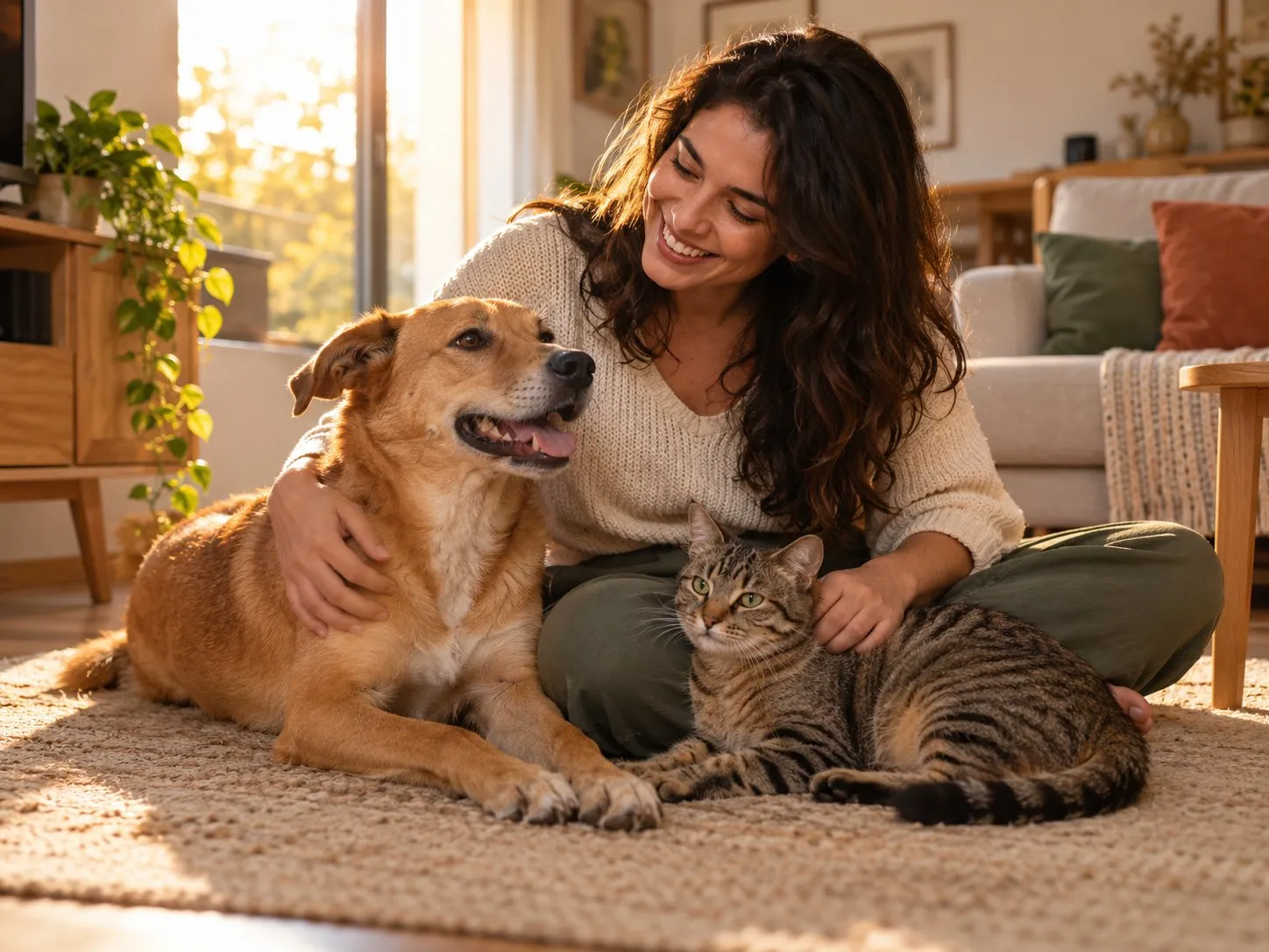 Tutora sentada no tapete da sala sorrindo com seu cachorro caramelo e seu gato rajado